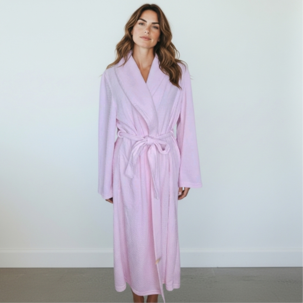 VTG Womens Robe Long Light Pink Soft Waffle Knit Shawl Collar Sz Large Pastel